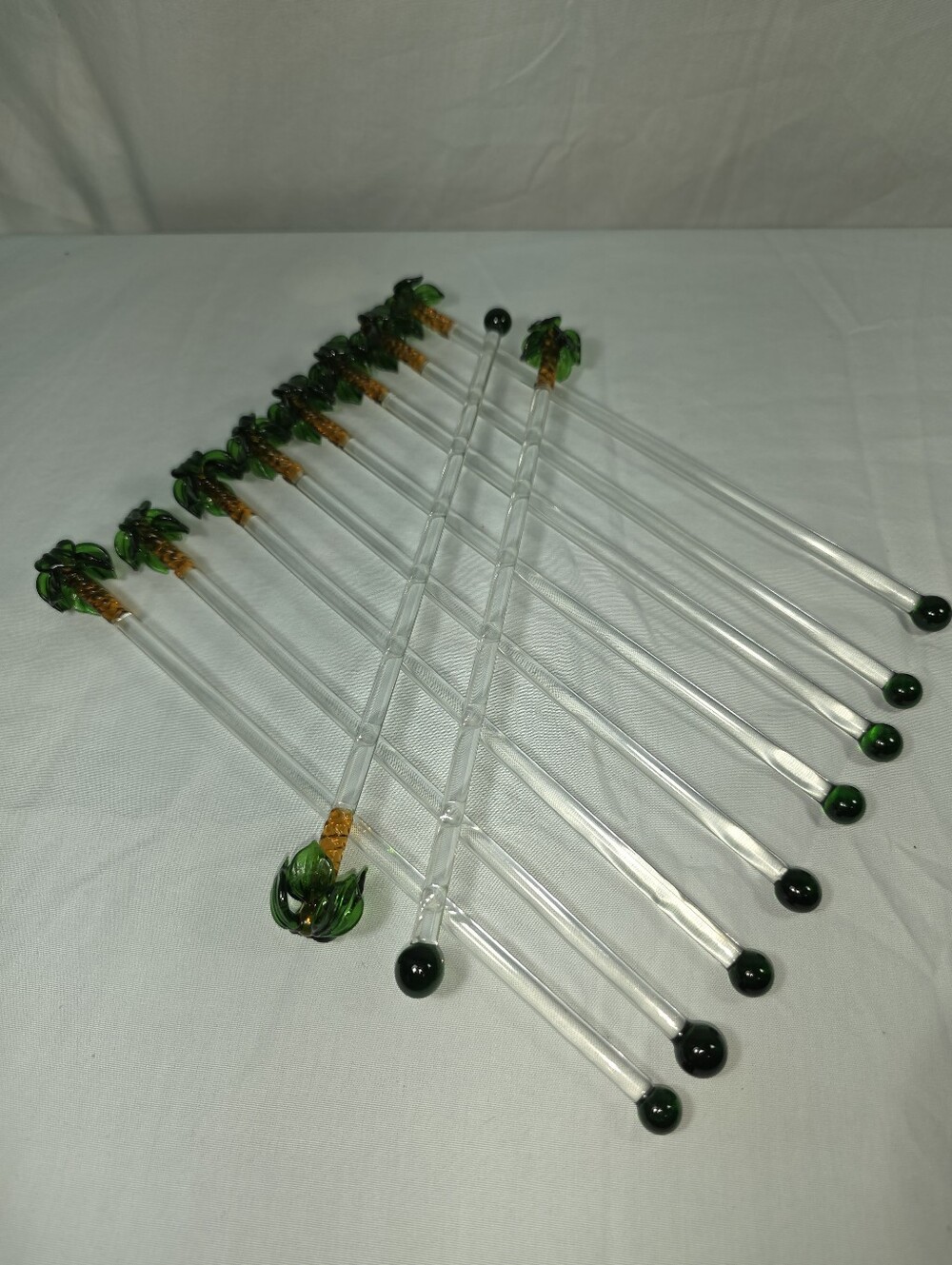 Vintage Hand Blown Glass Palm Tree Cocktail Stir Sticks Tiki Barware Set of 10